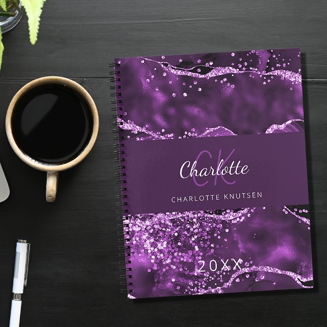 Purple glitter pink agate marble monogram notebook (Creator Uploaded)