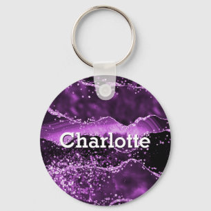 Purple glitter pink agate marble name key ring