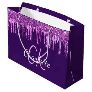 Purple glitter pink drips monogram large gift bag