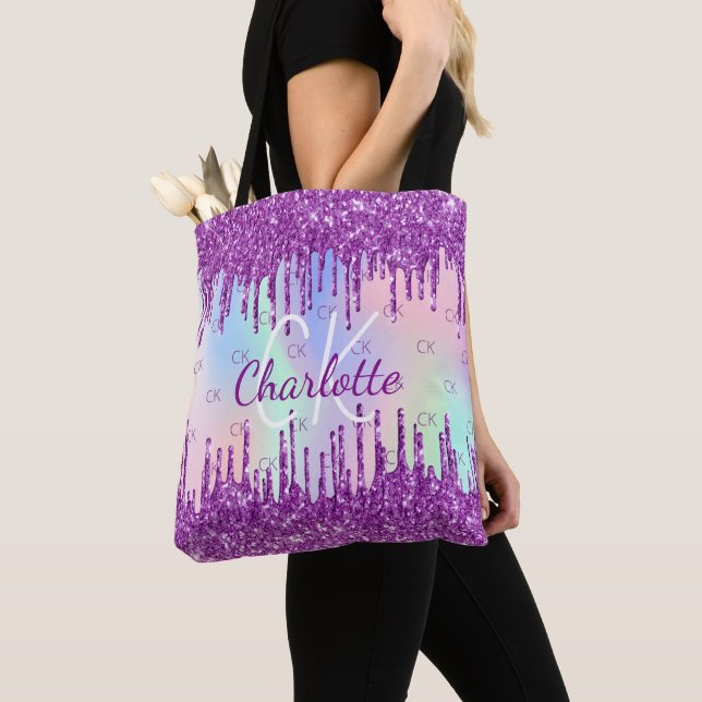 Purple glitter pink holographic custom monogram  tote bag (Close Up)
