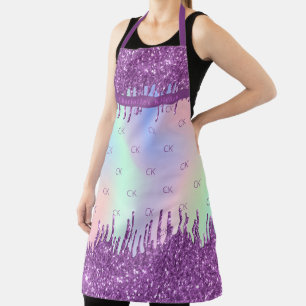 Purple glitter pink holographic monogram initials apron
