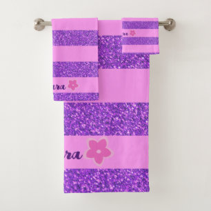 Purple Glitter Pink Stripes & Pink Flowers Custom Bath Towel Set