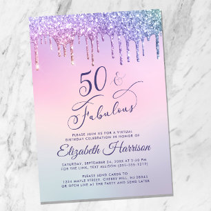 Purple Glitter Pink Virtual 50th Birthday Party Invitation