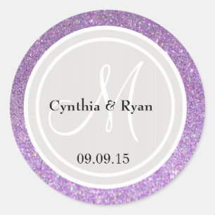 Purple Glitter & Platinum Grey Wedding Monogram Classic Round Sticker