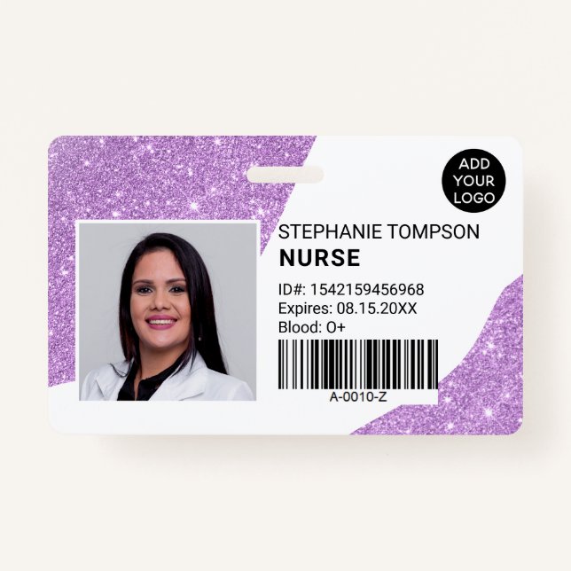 Purple glitter professional nurse photo logo code ID badge (Front)
