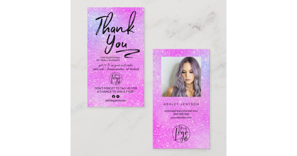 Purple glitter script photo logo order thank you business card | Zazzle