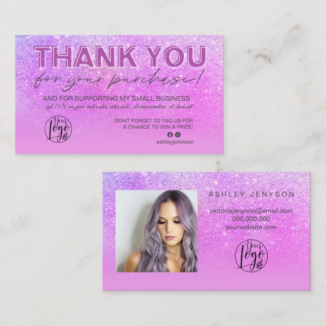 Purple glitter script photo logo thank you business card (Front/Back)