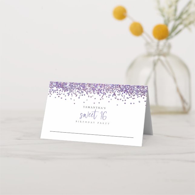 Purple Glitter Script Sweet 16 Birthday Place Card (Front)