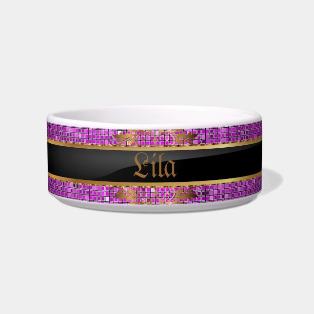 Purple Glitter Sequin Disco Glitz Pet Food Bowl (Front)