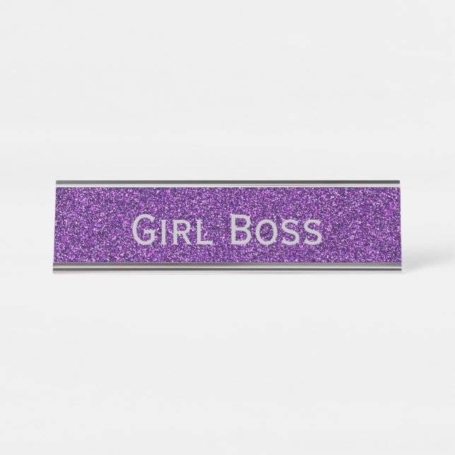 Purple Glitter & Silver Girl Boss Funny Corporate Desk Name Plate (Front)