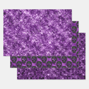 Purple Glitter Skull Halloween Pattern Design Wrapping Paper Sheet