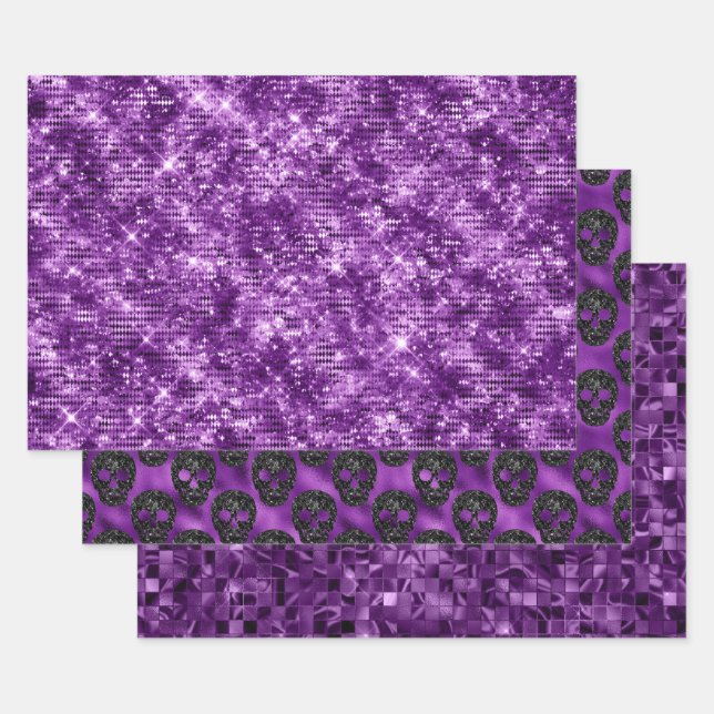 Purple Glitter Skull Halloween Pattern Design Wrapping Paper Sheet (Set)