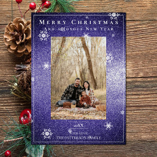 Purple Glitter Snowflakes Holiday Photo Card