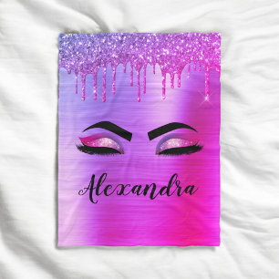 Purple Glitter Sparkle Eyelashes Monogram Name Fleece Blanket