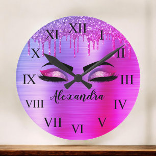 Purple Glitter Sparkle Eyelashes Monogram Name Large Clock