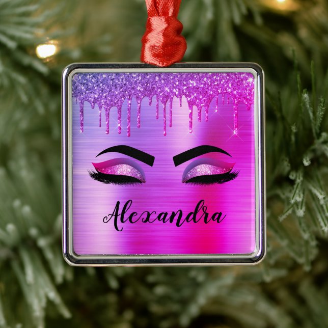 Purple Glitter Sparkle Eyelashes Monogram Name Metal Ornament (Tree)