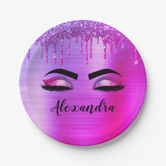 Purple Glitter Sparkle Eyelashes Monogram Name Paper Plate (Front)