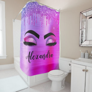 Purple Glitter Sparkle Eyelashes Monogram Name Shower Curtain