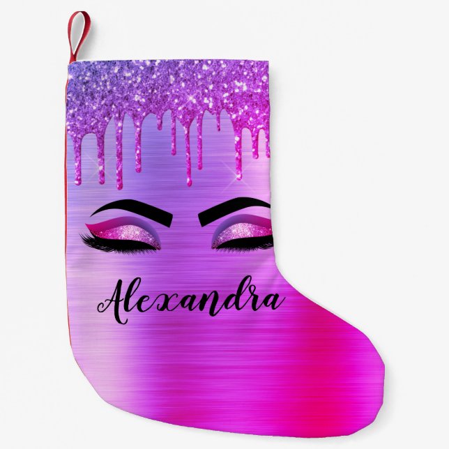 Purple Glitter Sparkle Eyelashes Monogram Name Small Christmas Stocking (Front)