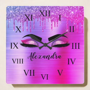 Purple Glitter Sparkle Eyelashes Monogram Name Square Wall Clock