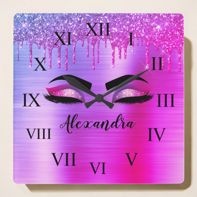 Purple Glitter Sparkle Eyelashes Monogram Name Square Wall Clock (Creator Uploaded)