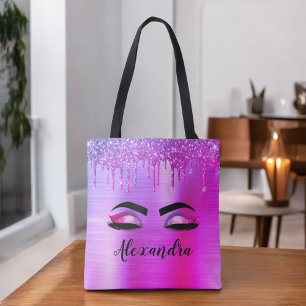 Purple Glitter Sparkle Eyelashes Monogram Name Tote Bag