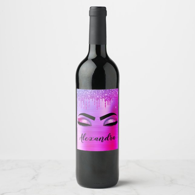 Purple Glitter Sparkle Eyelashes Monogram Name Wine Label (Front)