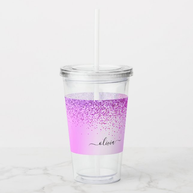 Purple Glitter Sparkle Glam Metal Monogram Name Acrylic Tumbler (Front)