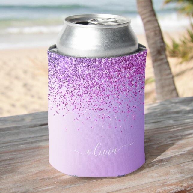 Purple Glitter Sparkle Glam Metal Monogram Name Can Cooler (Creator Uploaded)