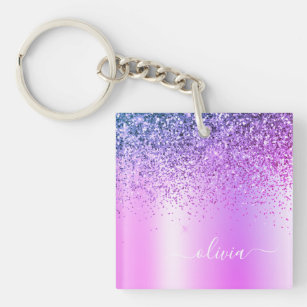 Purple Glitter Sparkle Glam Metal Monogram Name Key Ring
