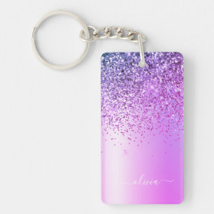 Purple Glitter Sparkle Glam Metal Monogram Name Key Ring