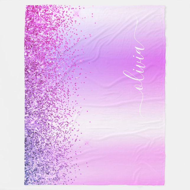 Purple Glitter Sparkle Metal Monogram Name Fleece Blanket (Front)