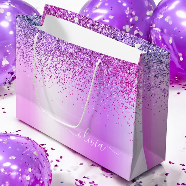 Purple Glitter Sparkle Metal Monogram Name Large Gift Bag (Creator Uploaded)