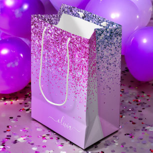 Purple Glitter Sparkle Metal Monogram Name Medium Gift Bag