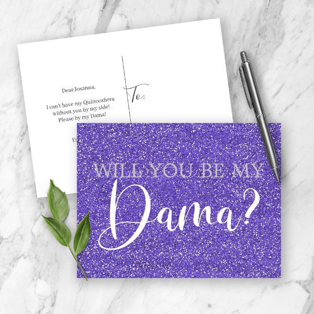Purple Glitter Sparkle Quinceanera Dama Proposal Invitation Postcard (Creator Uploaded)