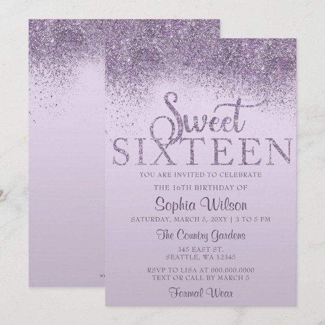 Purple Glitter Sparkle Sweet 16 Birthday  Invitation (Front/Back)