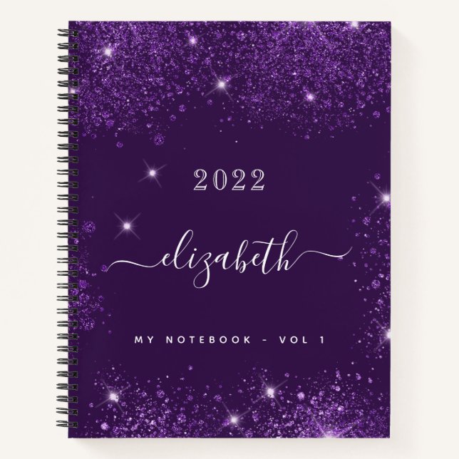 Purple glitter sparkles name script  notebook (Front)
