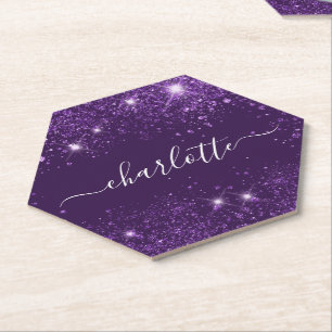 Purple glitter sparkles name script party paper coaster