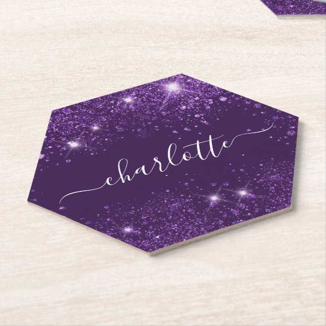 Purple glitter sparkles name script party paper coaster (Angled)