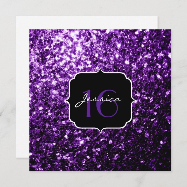Purple glitter sparkles Sweet 16 Square Invitation (Front/Back)