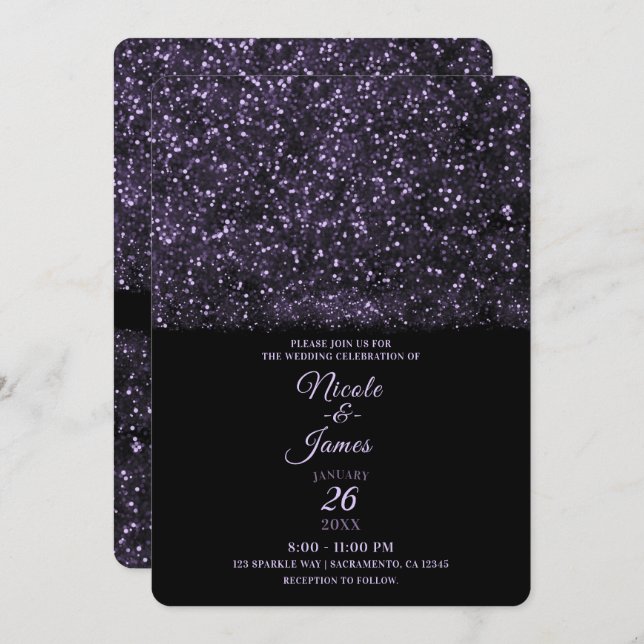 Purple Glitter Sparkling Lights Wedding Invitation (Front/Back)