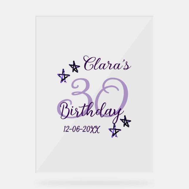 Purple glitter stars 30th birthday modern retro  acrylic sign (Front)