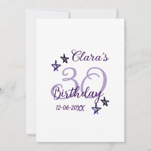 Purple glitter stars 30th birthday modern retro  invitation