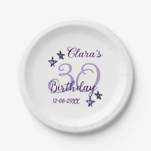 Purple glitter stars 30th birthday modern retro paper plate