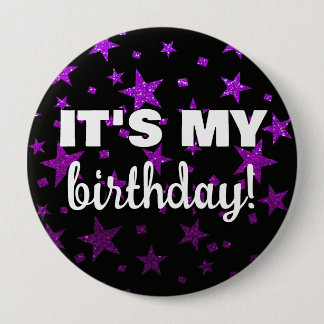 Purple Glitter Stars Confetti It's My Birthday 10 Cm Round Badge