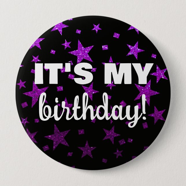 Purple Glitter Stars Confetti It's My Birthday 10 Cm Round Badge (Front)