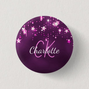 Purple glitter stars custom monogram pink 3 cm round badge