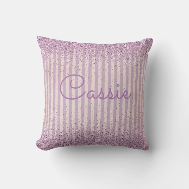 Purple Glitter Stripe Monogram Cushion (Front)