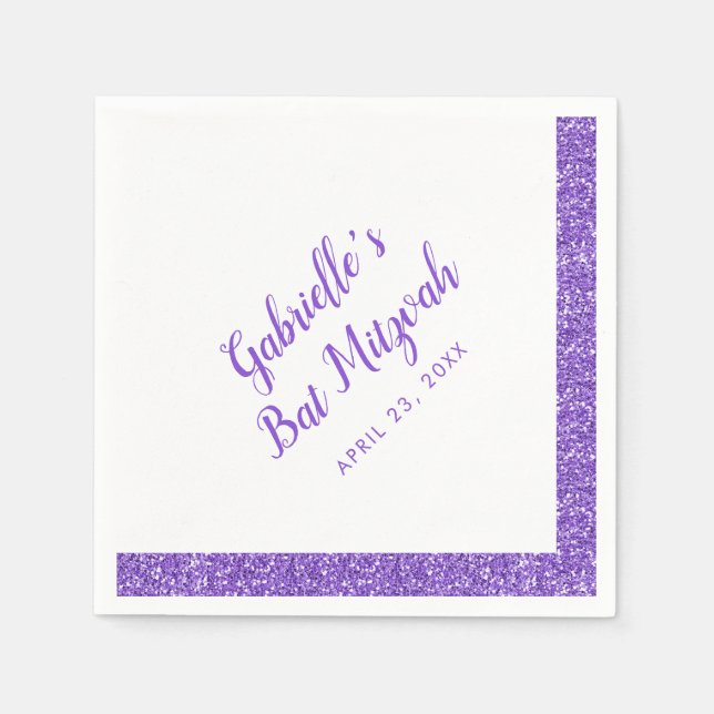 Purple Glitter Stripe Personalised Bat Mitzvah Napkin (Front)