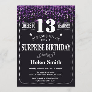Purple Glitter Surprise 13th Birthday Invitation